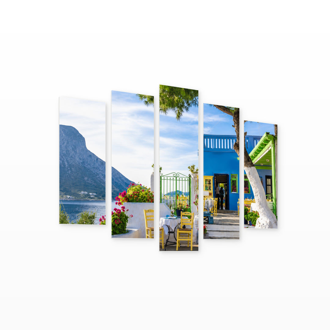 Typical Greek Restaurant Urban Panorama — five-panel wall art on white background in perspective | 5wallart 56108 M1