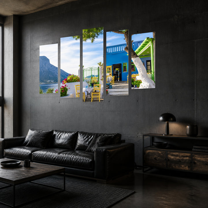 Typical Greek Restaurant Urban Panorama — five-panel wall art in perspective interior | 5wallart 56108 M2