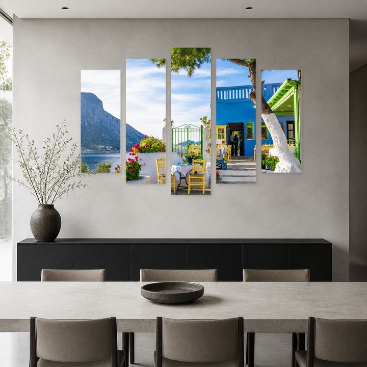 Typical Greek Restaurant Urban Panorama — five-panel wall art in frontal interior | 5wallart 56108 M3