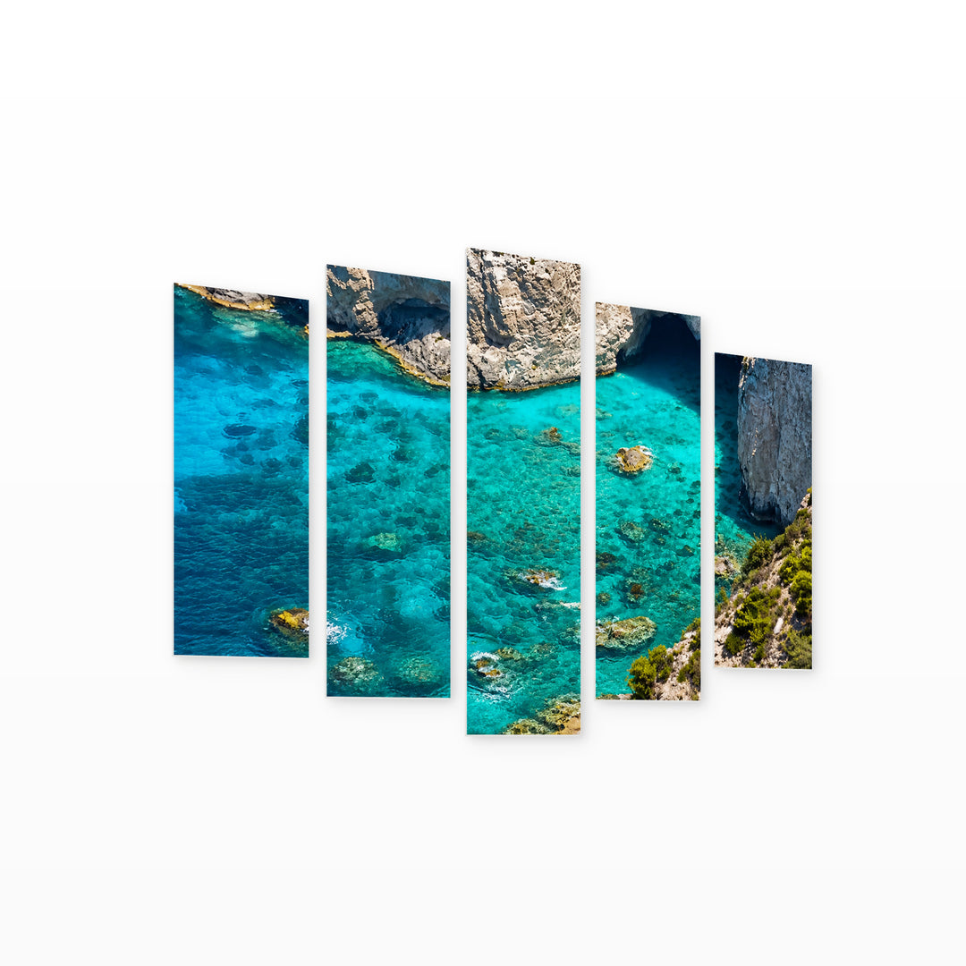 Turquoise Shore with Dreamlike Atmosphere — five-panel wall art on white background in perspective | 5wallart 56109 M1