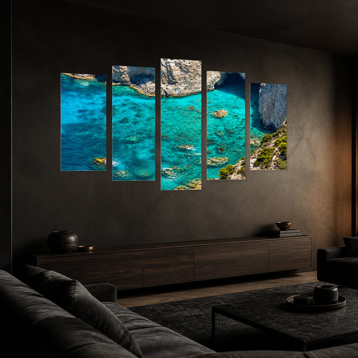 Turquoise Shore with Dreamlike Atmosphere — five-panel wall art in perspective interior | 5wallart 56109 M2