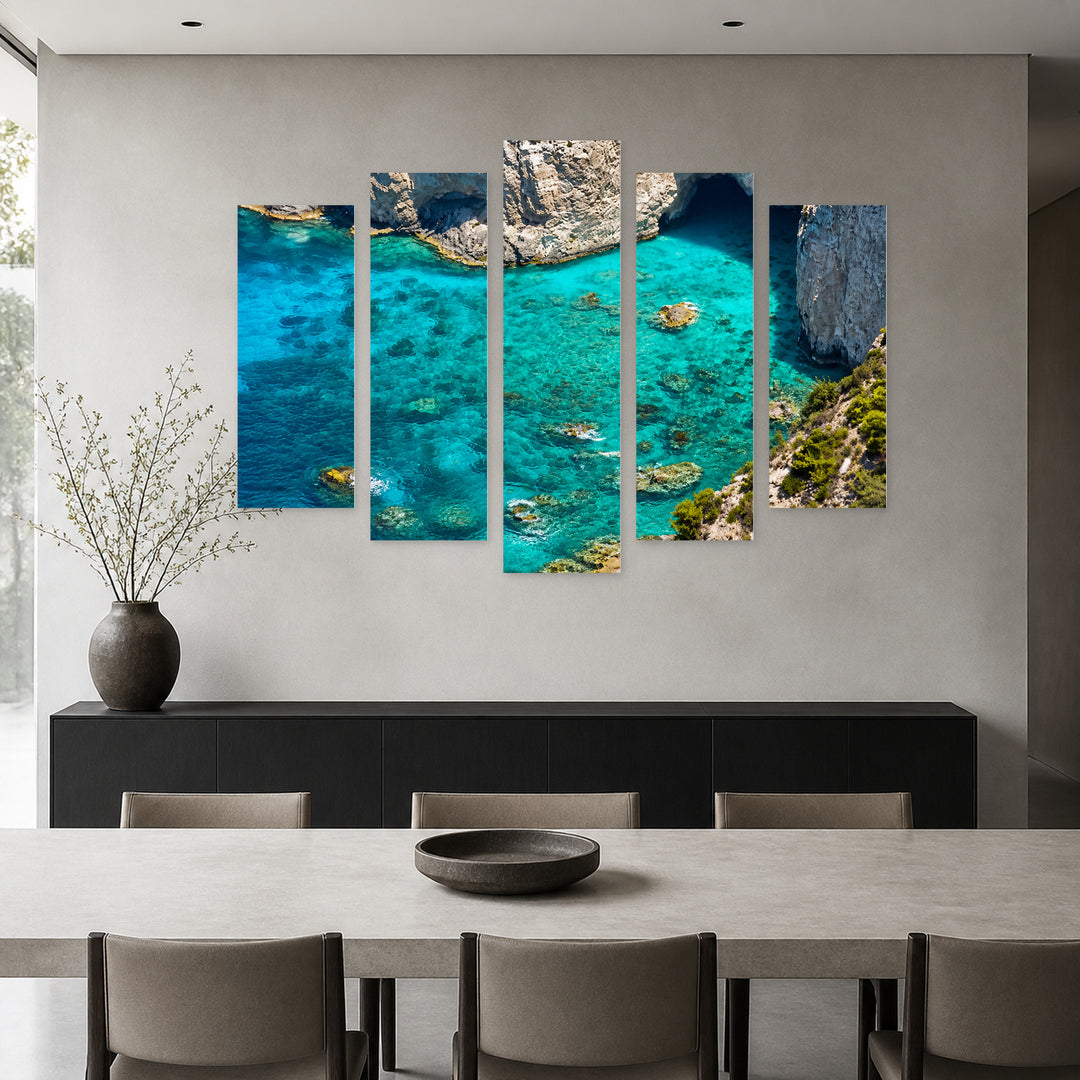 Turquoise Shore with Dreamlike Atmosphere — five-panel wall art in alternate frontal interior | 5wallart 56109 M4