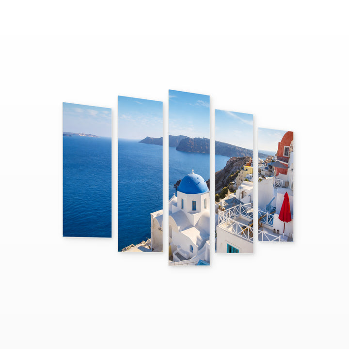 Santorini Island, Greece in Serene Light — five-panel wall art on white background in perspective | 5wallart 56110 M1