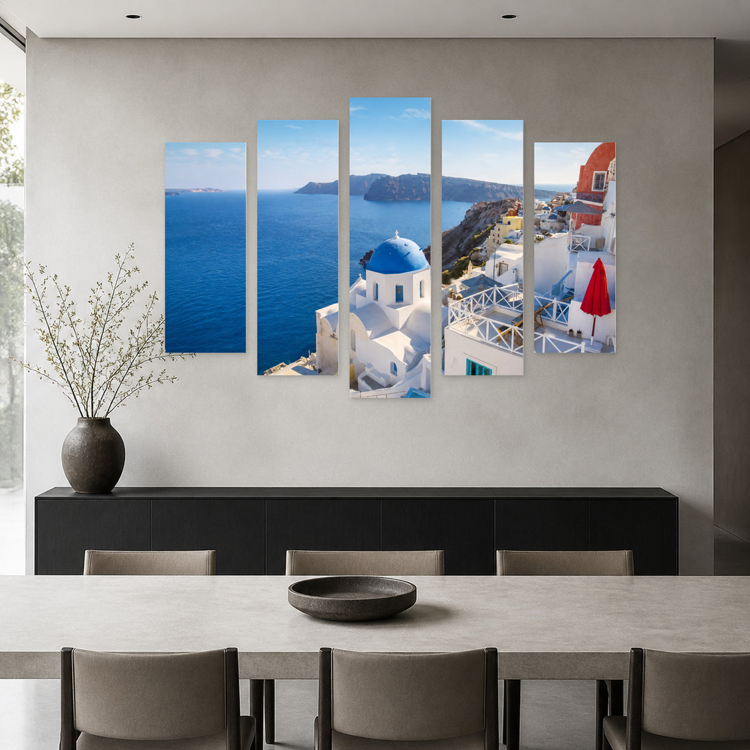 Santorini Island, Greece in Serene Light — five-panel wall art in frontal interior | 5wallart 56110 M3