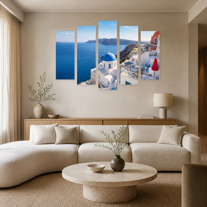 Santorini Island, Greece in Serene Light — five-panel wall art in alternate frontal interior | 5wallart 56110 M4