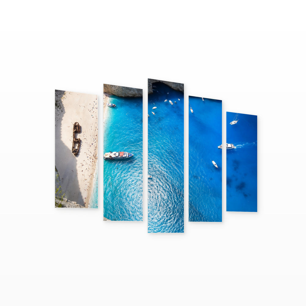 View of the Beach in Zakynthos Coastal Panorama — five-panel wall art on white background in perspective | 5wallart 56112 M1