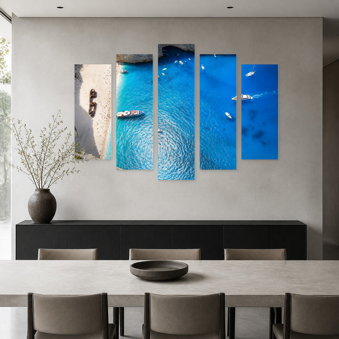 View of the Beach in Zakynthos Coastal Panorama — five-panel wall art in frontal interior | 5wallart 56112 M3