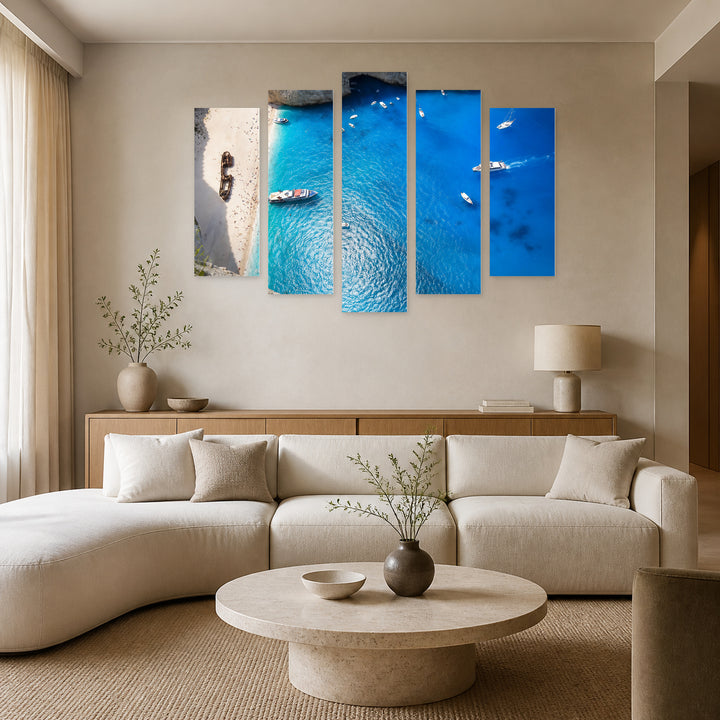 View of the Beach in Zakynthos Coastal Panorama — five-panel wall art in alternate frontal interior | 5wallart 56112 M4