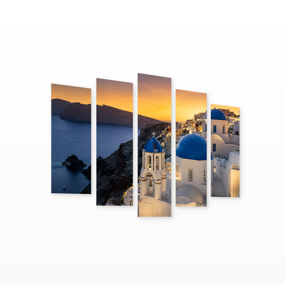 Sunset in Santorini at Night — five-panel wall art on white background in perspective | 5wallart 56113 M1