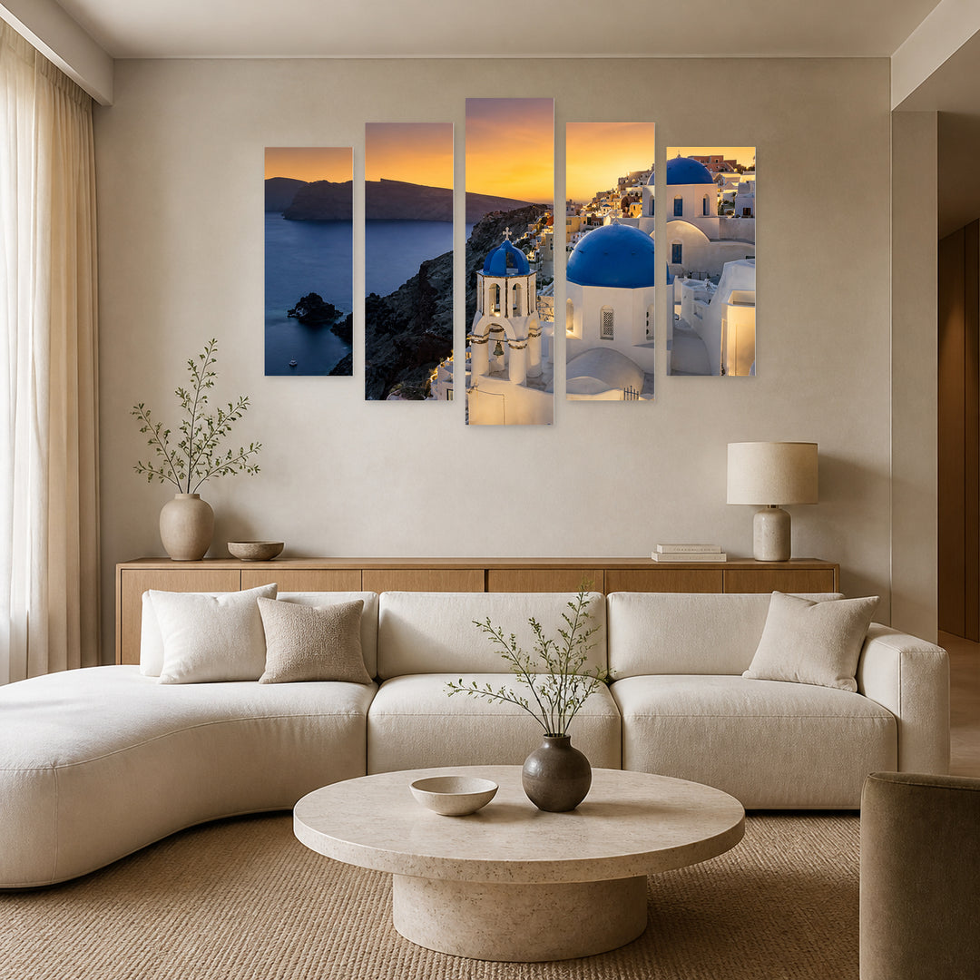Sunset in Santorini at Night — five-panel wall art in frontal interior | 5wallart 56113 M3