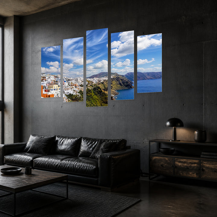 View in Greece with Dreamlike Atmosphere — five-panel wall art in perspective interior | 5wallart 56114 M2