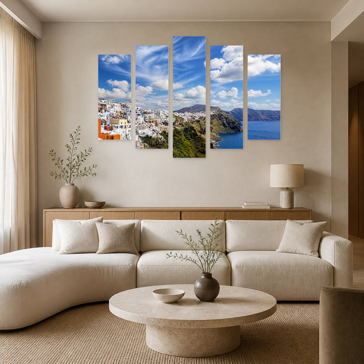 View in Greece with Dreamlike Atmosphere — five-panel wall art in alternate frontal interior | 5wallart 56114 M4