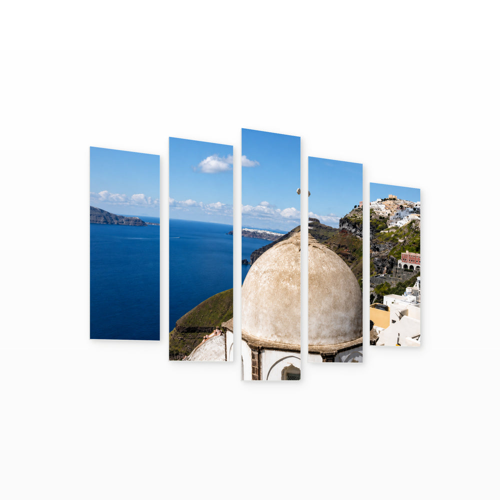 Church on Santorini Island in Serene Light — five-panel wall art on white background in perspective | 5wallart 56115 M1