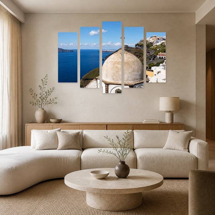 Church on Santorini Island in Serene Light — five-panel wall art in frontal interior | 5wallart 56115 M3