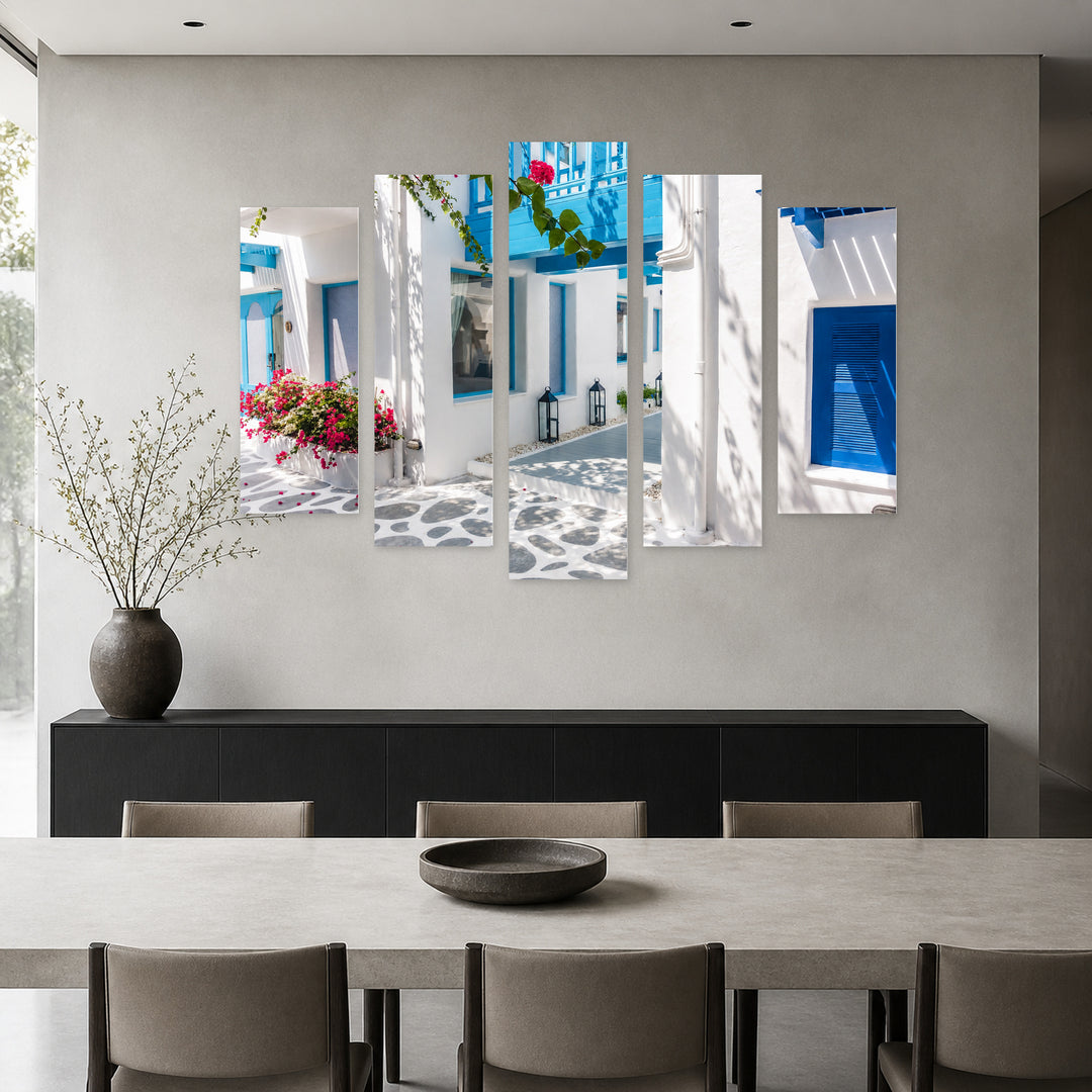 Greek Architecture in Serene Light — five-panel wall art in frontal interior | 5wallart 56116 M3