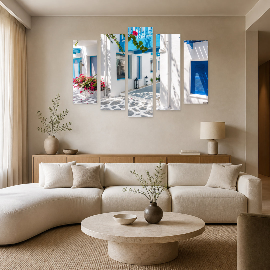Greek Architecture in Serene Light — five-panel wall art in alternate frontal interior | 5wallart 56116 M4