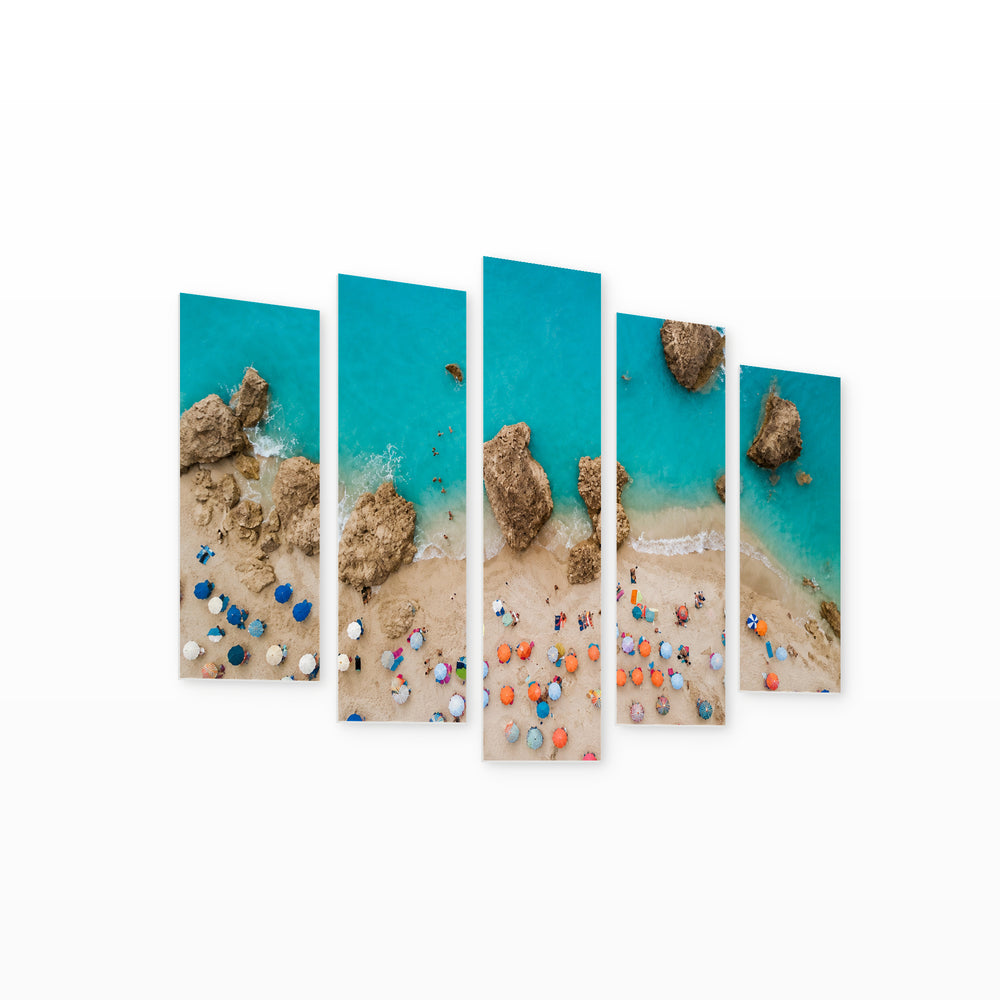 Idyllic Beach with Colorful Umbrellas with Dreamlike Atmosphere — five-panel wall art on white background in perspective | 5wallart 56117 M1