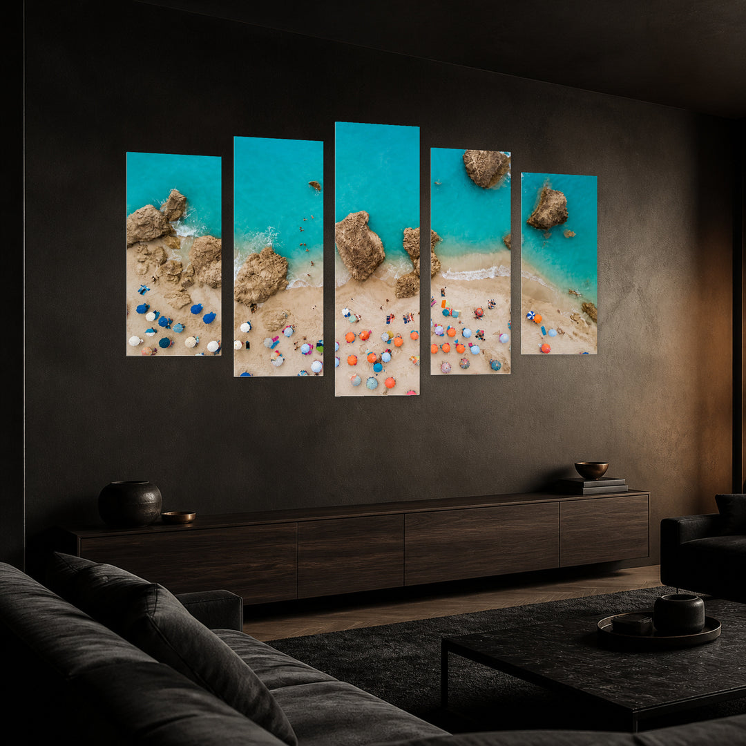 Idyllic Beach with Colorful Umbrellas with Dreamlike Atmosphere — five-panel wall art in perspective interior | 5wallart 56117 M2