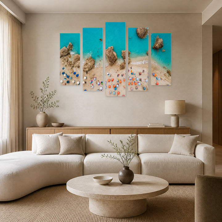 Idyllic Beach with Colorful Umbrellas with Dreamlike Atmosphere — five-panel wall art in frontal interior | 5wallart 56117 M3