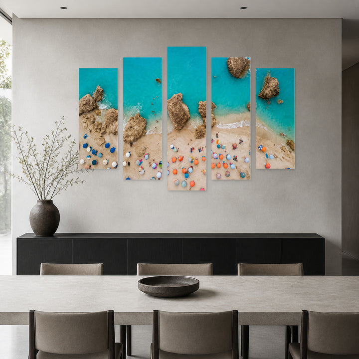 Idyllic Beach with Colorful Umbrellas with Dreamlike Atmosphere — five-panel wall art in alternate frontal interior | 5wallart 56117 M4
