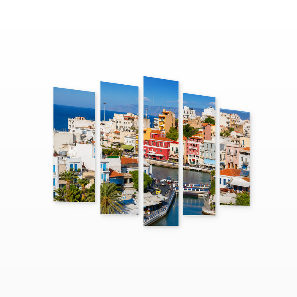 Crete, Greece with Geometric Rhythm — five-panel wall art on white background in perspective | 5wallart 56118 M1