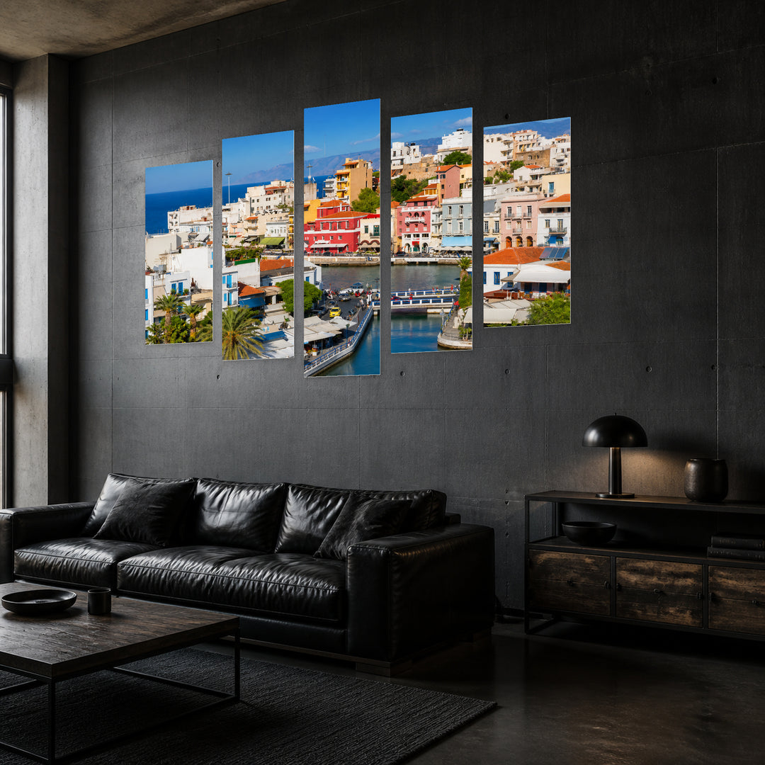 Crete, Greece with Geometric Rhythm — five-panel wall art in perspective interior | 5wallart 56118 M2