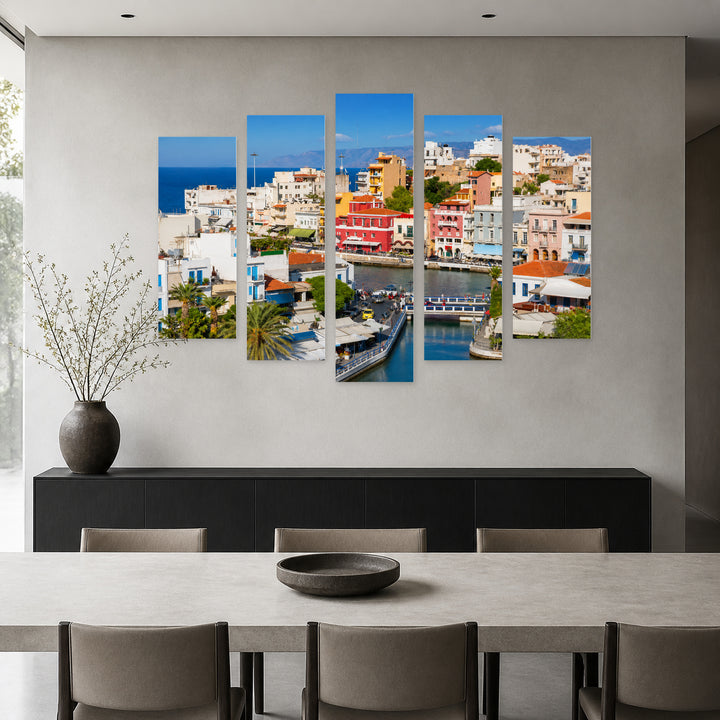 Crete, Greece with Geometric Rhythm — five-panel wall art in frontal interior | 5wallart 56118 M3