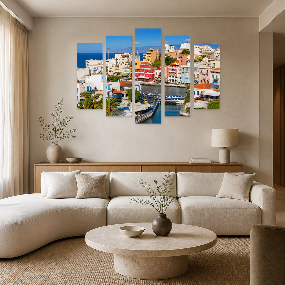 Crete, Greece with Geometric Rhythm — five-panel wall art in alternate frontal interior | 5wallart 56118 M4