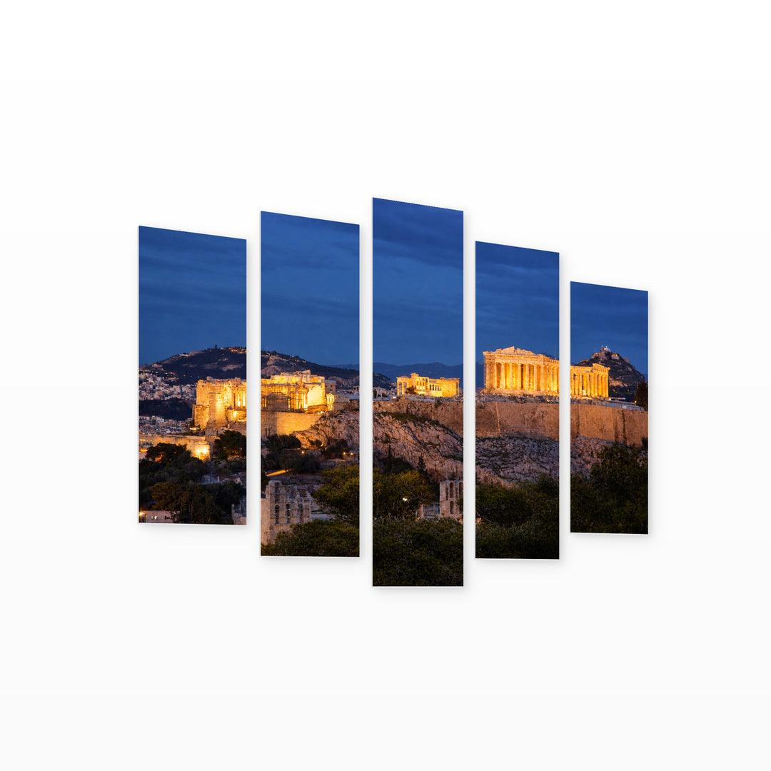 Acropolis in Greece After Dark — five-panel wall art on white background in perspective | 5wallart 56119 M1