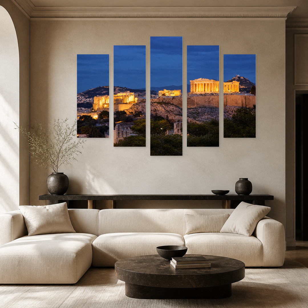 Acropolis in Greece After Dark — five-panel wall art in frontal interior | 5wallart 56119 M3