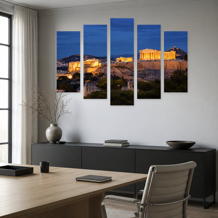 Acropolis in Greece After Dark — five-panel wall art in alternate frontal interior | 5wallart 56119 M4