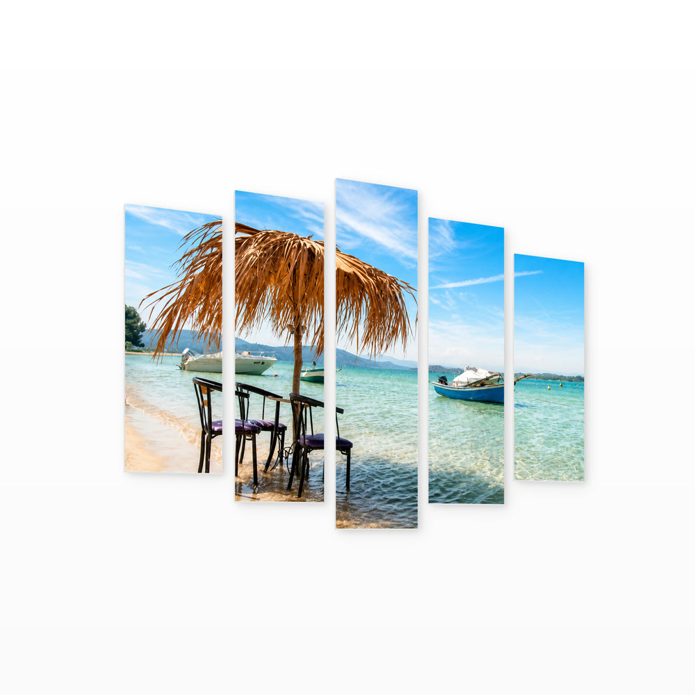 Straw Umbrella in Turquoise Sea with Dreamlike Atmosphere — five-panel wall art on white background in perspective | 5wallart 56120 M1