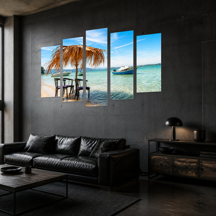 Straw Umbrella in Turquoise Sea with Dreamlike Atmosphere — five-panel wall art in perspective interior | 5wallart 56120 M2