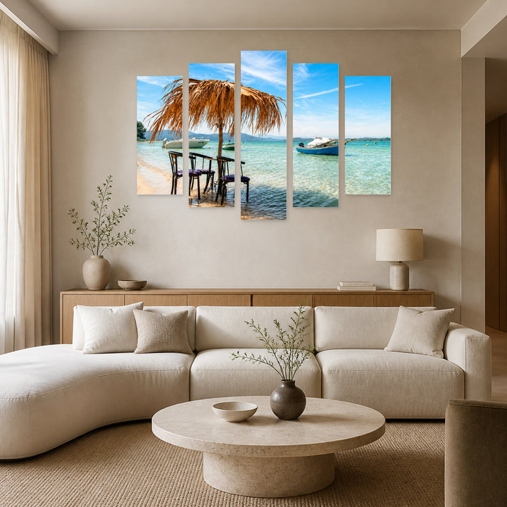 Straw Umbrella in Turquoise Sea with Dreamlike Atmosphere — five-panel wall art in alternate frontal interior | 5wallart 56120 M4