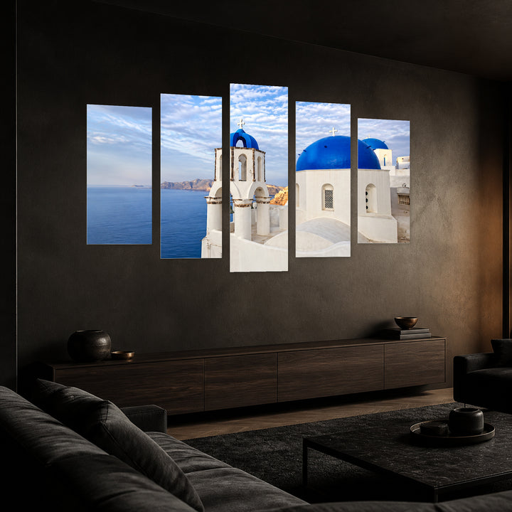 Santorini Island, Greece in Winter — five-panel wall art in perspective interior | 5wallart 56121 M2