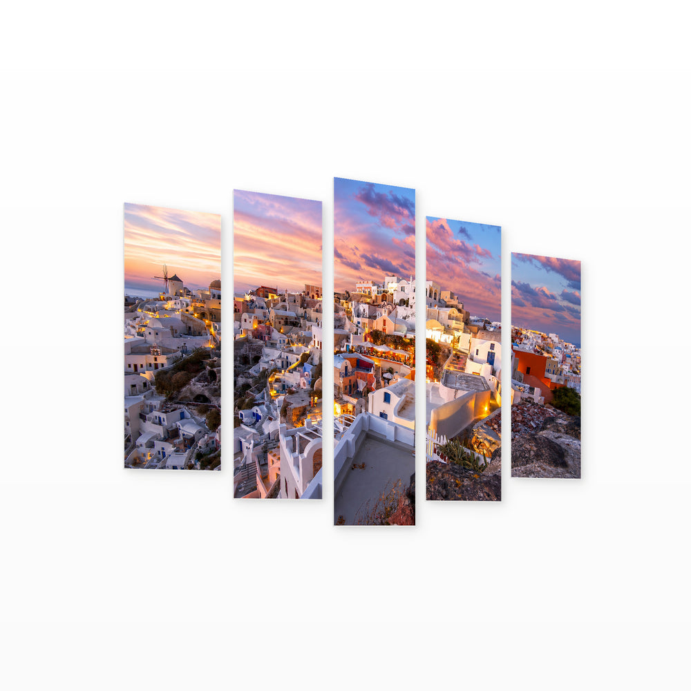 Santorini with Dreamlike Atmosphere — five-panel wall art on white background in perspective | 5wallart 56122 M1