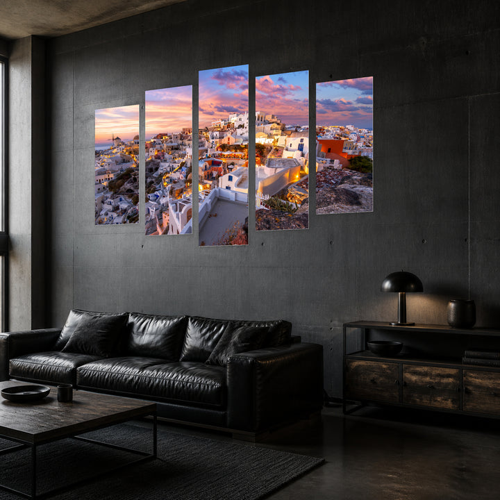 Santorini with Dreamlike Atmosphere — five-panel wall art in perspective interior | 5wallart 56122 M2