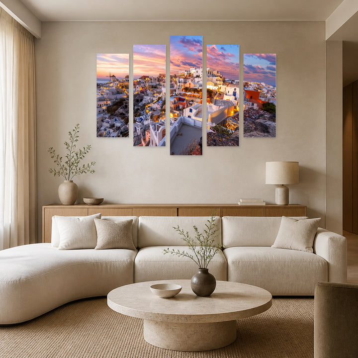 Santorini with Dreamlike Atmosphere — five-panel wall art in alternate frontal interior | 5wallart 56122 M4