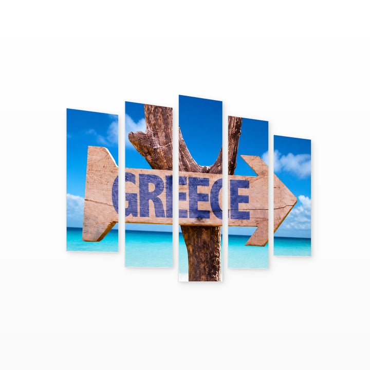 Wooden Sign Greece with Vintage Character — five-panel wall art on white background in perspective | 5wallart 56123 M1