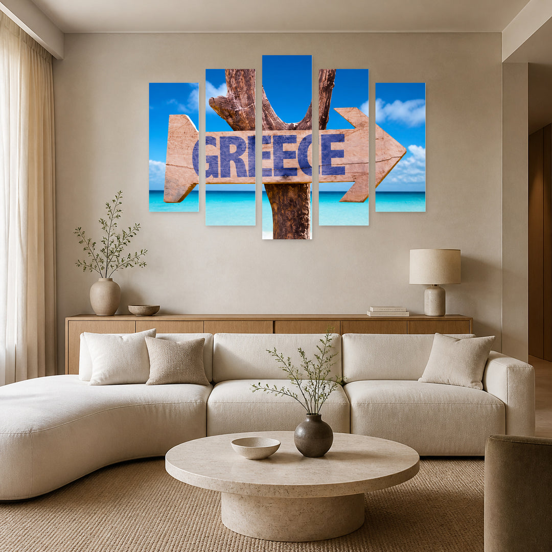 Wooden Sign Greece with Vintage Character — five-panel wall art in frontal interior | 5wallart 56123 M3