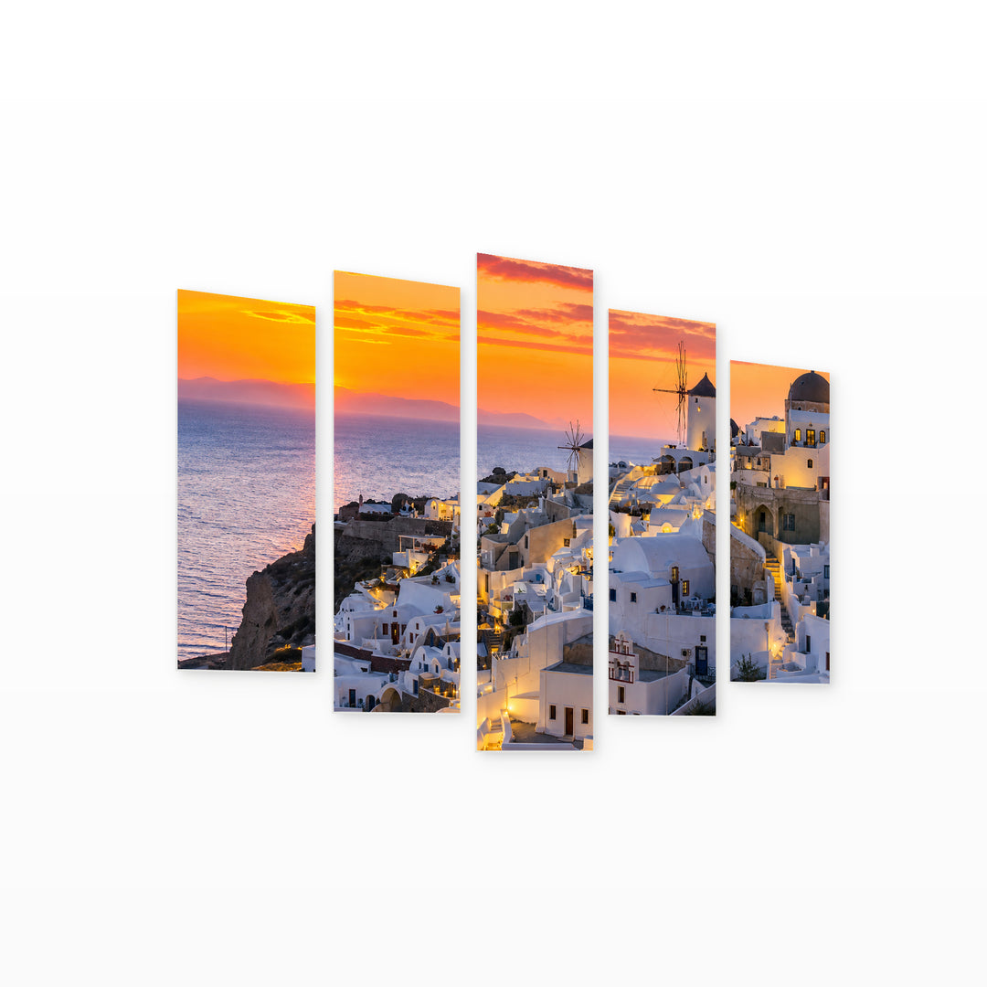 Golden Sunset over Santorini — five-panel wall art on white background in perspective | 5wallart 56127 M1