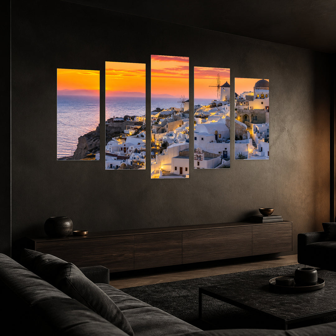Golden Sunset over Santorini — five-panel wall art in perspective interior | 5wallart 56127 M2