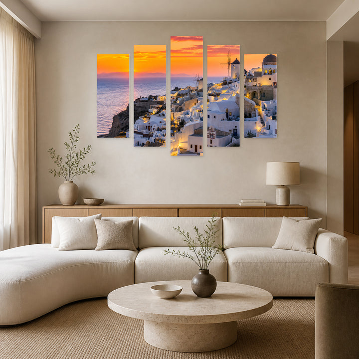 Golden Sunset over Santorini — five-panel wall art in frontal interior | 5wallart 56127 M3