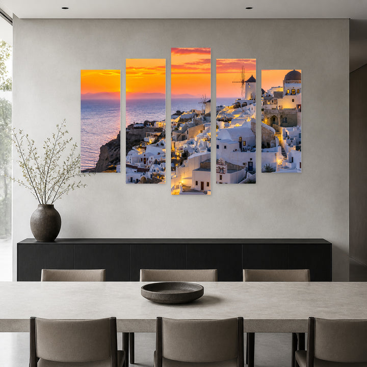 Golden Sunset over Santorini — five-panel wall art in alternate frontal interior | 5wallart 56127 M4