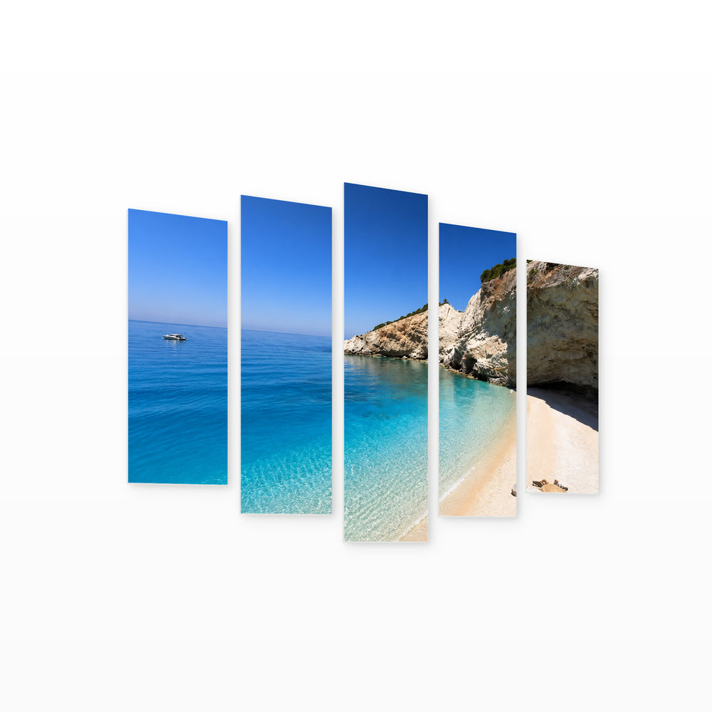 Porto Beach in Lefkada in Blue and Gold — five-panel wall art on white background in perspective | 5wallart 56128 M1