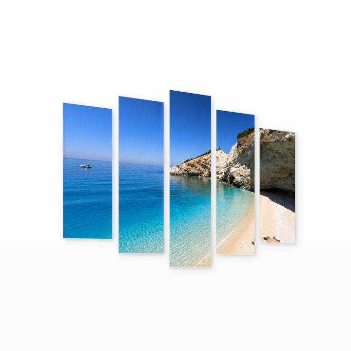 Porto Beach in Lefkada in Blue and Gold — five-panel wall art on white background in perspective | 5wallart 56128 M1