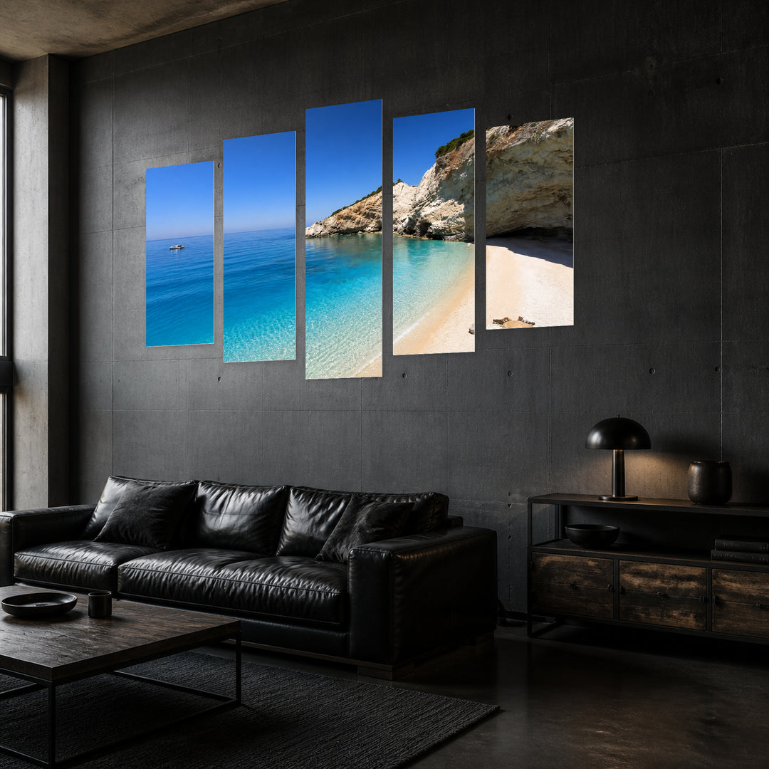 Porto Beach in Lefkada in Blue and Gold — five-panel wall art in perspective interior | 5wallart 56128 M2
