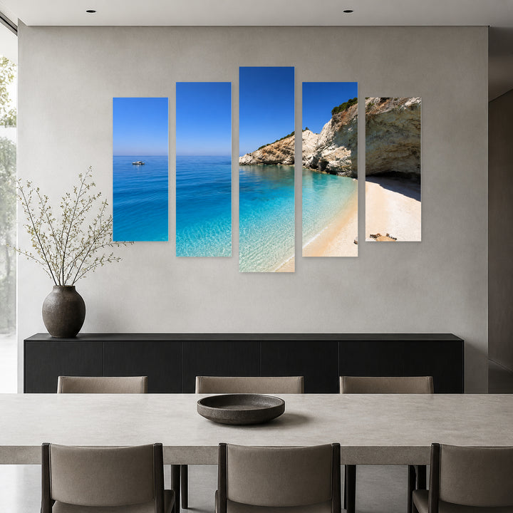 Porto Beach in Lefkada in Blue and Gold — five-panel wall art in frontal interior | 5wallart 56128 M3
