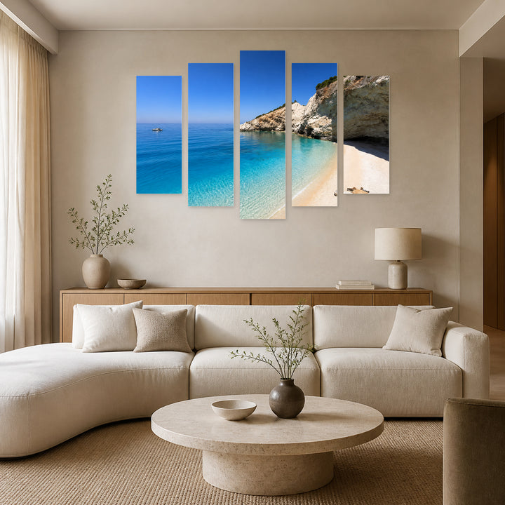 Porto Beach in Lefkada in Blue and Gold — five-panel wall art in alternate frontal interior | 5wallart 56128 M4