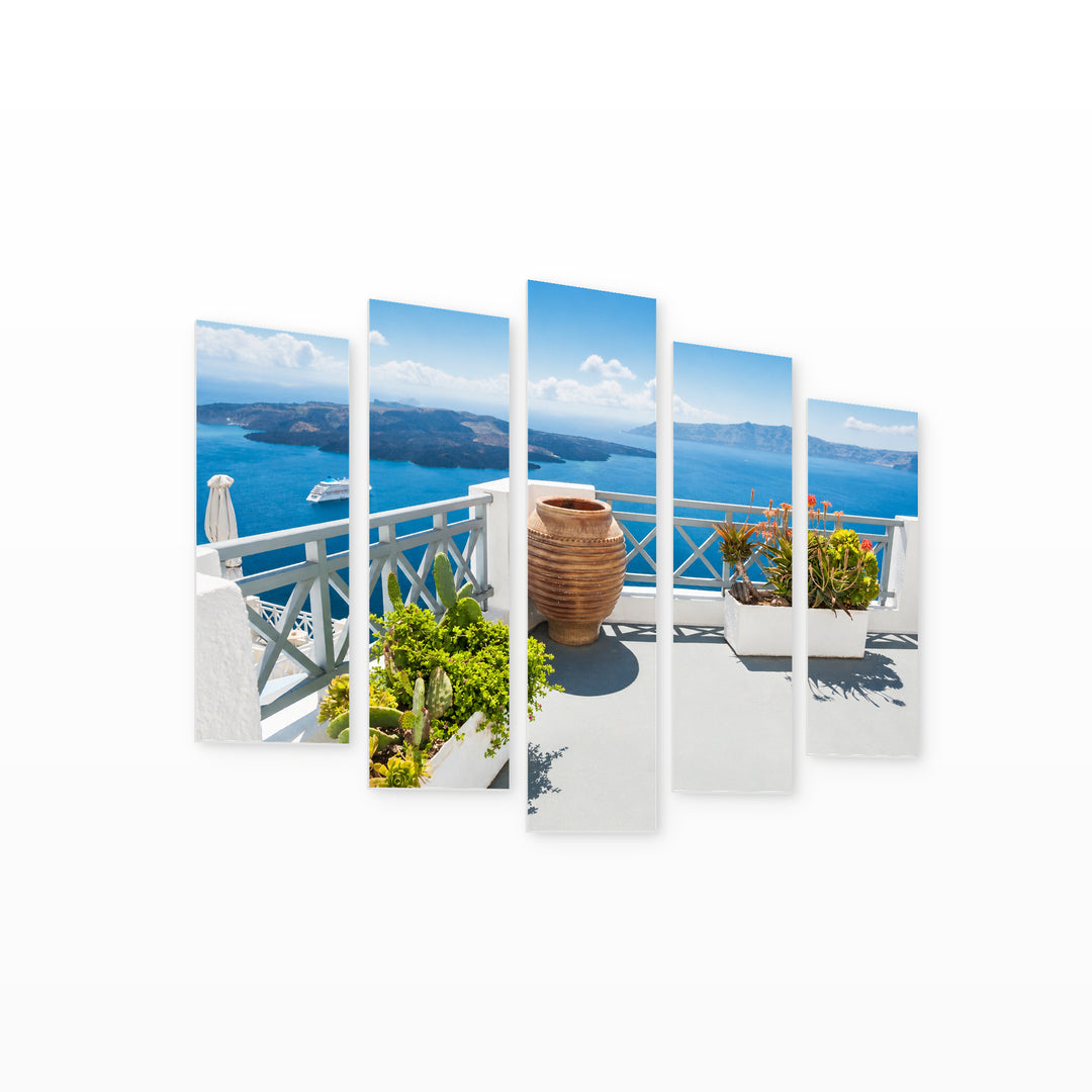 White Architecture of Santorini Island with Geometric Rhythm — five-panel wall art on white background in perspective | 5wallart 56129 M1